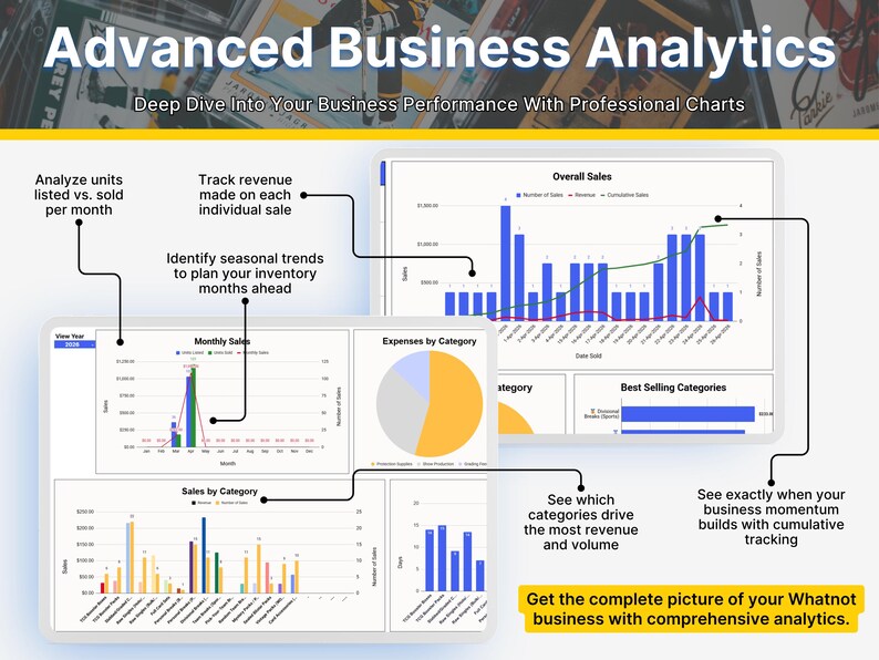 May include: A digital dashboard titled Advanced Business Analytics featuring multiple charts including bar graphs, a pie chart, and line graphs. The interface displays data for monthly sales, expenses by category, and best selling categories with text labels.