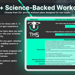 Screenshot of the workout tracker dashboard displaying 20+ science-backed workout plans. Designed for beginners to intermediates, with customizable schedules and goals. Optimized exercises ensure faster progress, offering pre-set and custom workouts tailored to gym availability and user preferences.