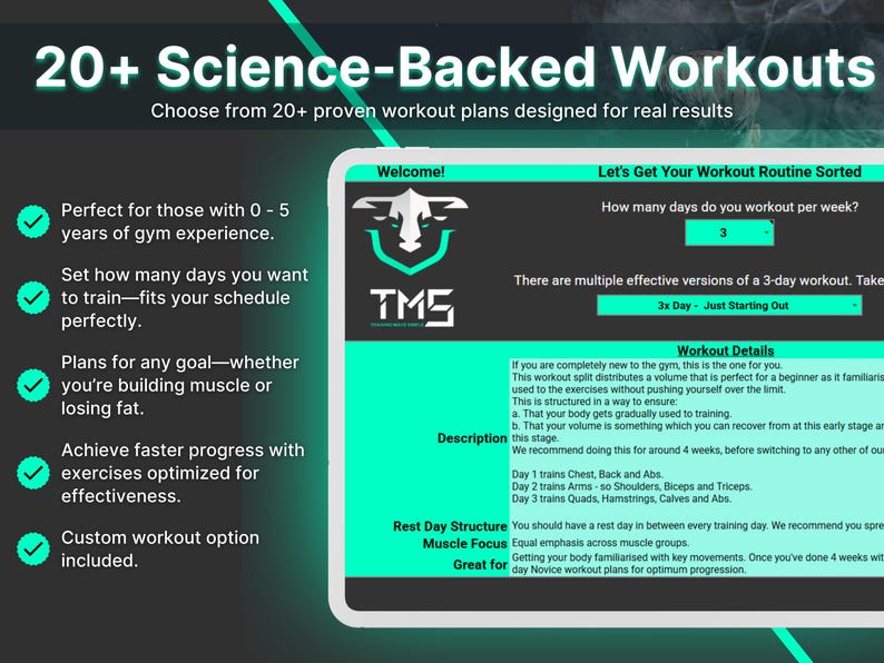 Screenshot of the workout tracker dashboard displaying 20+ science-backed workout plans. Designed for beginners to intermediates, with customizable schedules and goals. Optimized exercises ensure faster progress, offering pre-set and custom workouts tailored to gym availability and user preferences.