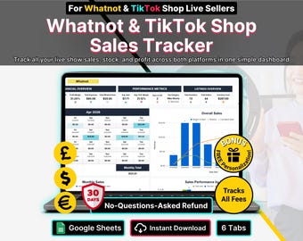 Whatnot Seller Spreadsheet Live Sales Tracker Google Sheets TikTok Shop Reseller Inventory Tracker Profit and Loss Fee Payout Live Seller