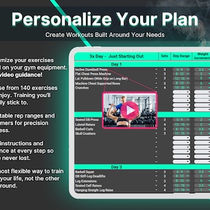 K&ouml;nnte beinhalten: Digitales Workout-Plan-Interface mit dem Text &bdquo;Personalisiere deinen Plan&ldquo;. Der Bildschirm zeigt &Uuml;bungsdetails wie S&auml;tze, Wiederholungen und Ruhezeiten an. Eine Videodemonstration ist eingebettet.