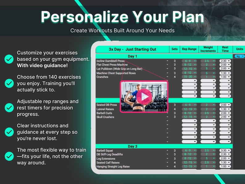 K&ouml;nnte beinhalten: Digitales Workout-Plan-Interface mit dem Text &bdquo;Personalisiere deinen Plan&ldquo;. Der Bildschirm zeigt &Uuml;bungsdetails wie S&auml;tze, Wiederholungen und Ruhezeiten an. Eine Videodemonstration ist eingebettet.