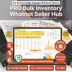 May include: A laptop screen shows a financial dashboard with charts and data, with documents and icons around it. Text includes "PRO Bulk Inventory Whatnot Seller Hub" and "Google Sheets". A bonus gift icon is also visible.