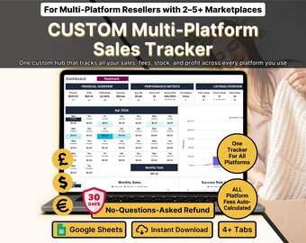 Custom Reseller Sales Tracker Spreadsheet Inventory Profit Expense Log Cross Platform Google Sheets Template Side Hustle Multi Marketplace