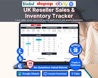 UK Reseller Sales Inventory Profit Tracker Spreadsheet Vinted Depop Ebay Facebook Marketplace Google Sheets Template Profit & ROI Calculator