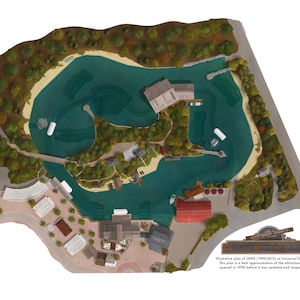 May include: An illustrative plan of the Jaws attraction at Universal Studios Florida, featuring a detailed miniature layout of the lagoon, buildings, and boats. The plan includes text that describes the attraction's history.