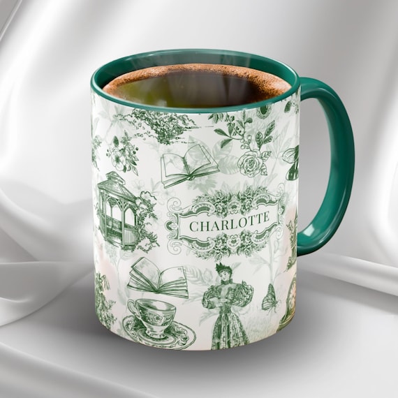 Vintage Cottagecore Green Mug, Victorian Personalized Mug Gift, Custom Chinoiserie Gift, French Toile de Jouy Mug, Custom Book Lover Gift