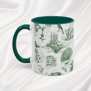 Vintage Cottagecore Green Mug, Victorian Personalized Mug Gift, Custom Chinoiserie Gift, French Toile de Jouy Mug, Custom Book Lover Gift image 4