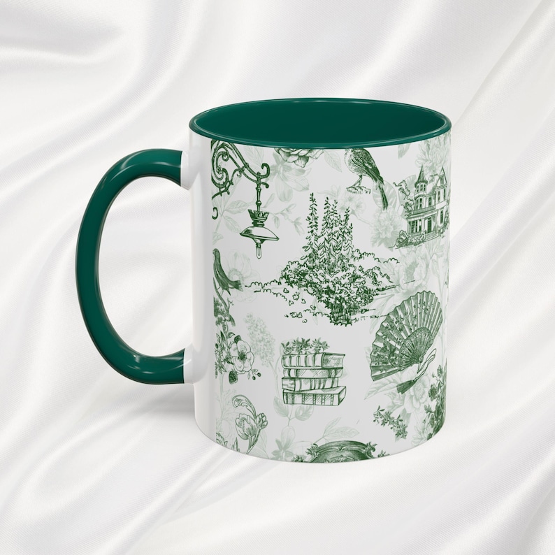 Vintage Cottagecore Green Mug, Victorian Personalized Mug Gift, Custom Chinoiserie Gift, French Toile de Jouy Mug, Custom Book Lover Gift image 4