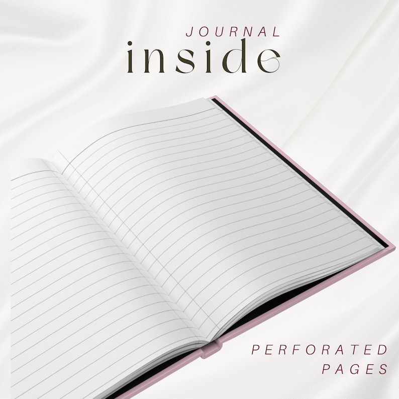 May include: Open journal with lined, perforated pages. The journal has a pink cover and black spine. The words "JOURNAL inside" and "PERFORATED PAGES" are printed on the image.