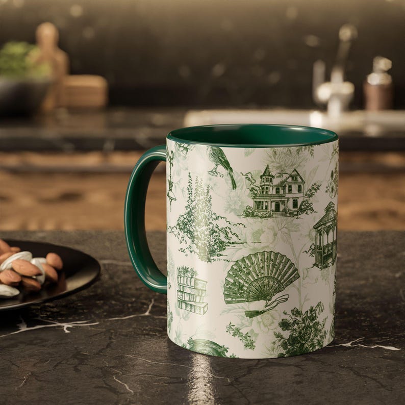 Vintage Cottagecore Green Mug, Victorian Personalized Mug Gift, Custom Chinoiserie Gift, French Toile de Jouy Mug, Custom Book Lover Gift image 5