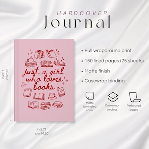 May include: A pink hardcover journal with the text "just a girl who loves books" and book illustrations. The journal measures 20.5 cm by 14.5 cm and has 150 lined pages with a matte finish and casewrap binding.