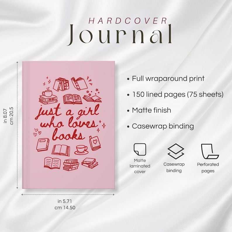 May include: A pink hardcover journal with the text "just a girl who loves books" and book illustrations. The journal measures 20.5 cm by 14.5 cm and has 150 lined pages with a matte finish and casewrap binding.