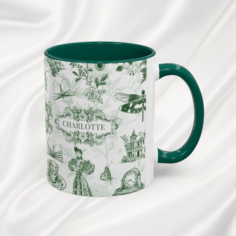 Vintage Cottagecore Green Mug, Victorian Personalized Mug Gift, Custom Chinoiserie Gift, French Toile de Jouy Mug, Custom Book Lover Gift image 2