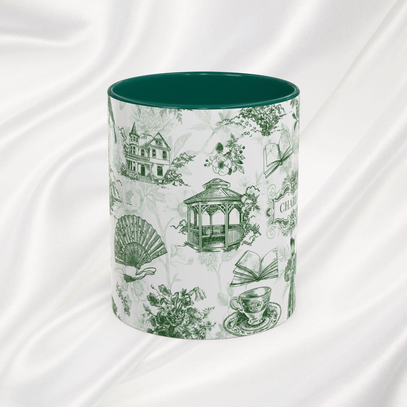 Vintage Cottagecore Green Mug, Victorian Personalized Mug Gift, Custom Chinoiserie Gift, French Toile de Jouy Mug, Custom Book Lover Gift image 3