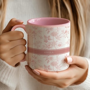 Personalized Name Mug, Pink Toile Design, Custom Coffee Cup, Elegant Vintage-Inspired Gift for Her, Bridal Party Gift