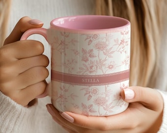 Gepersonaliseerde naammok, roze toile-ontwerp, koffiekopje op maat, elegant vintage-geïnspireerd cadeau voor haar, bruidscadeau