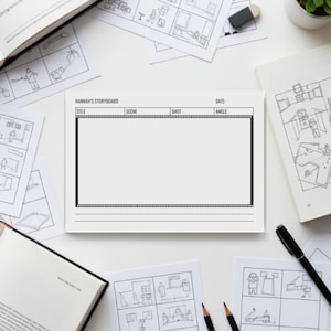 Puede incluir: Un bloc de notas de guion gráfico blanco con el texto "Hannah's Storyboard" en la parte superior, rodeado de bocetos, libros y un bolígrafo. El bloc de notas tiene secciones para título, escena, toma y ángulo. Un borde negro enmarca el área de dibujo principal.