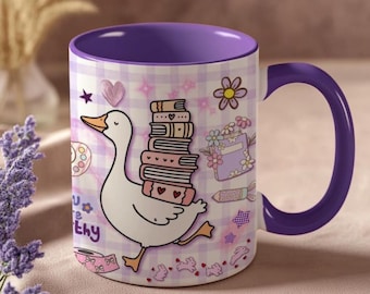 Gepersonaliseerde leesgrage Silly Goose-mok, roze-paars girly boekenliefhebbercadeau