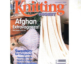 Knitting Digest Magazine PATTERNS Afghans Pillow Sport Team Sweater Jacket Cardigan Pullover Jumper Women Children Floral Table Setting