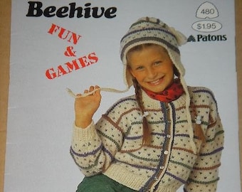 FUN and GAMES Beehive Shetland-Style Chunky Patons Knitting Pattern book 480 for sizes 4 to 10 Cardigan Sweater Pullover Jumper Hats Toques