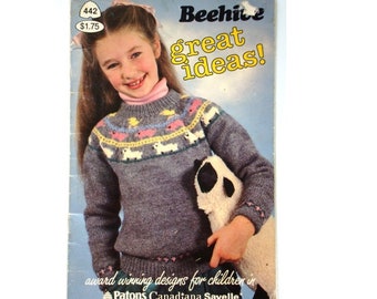 GREAT IDEAS Knitting Patterns by Beehive Patons No. 442 Fair Isle Sweater Cardigan Jumper Pullover Hat Jacket Mittens Mitts Knit Pattern