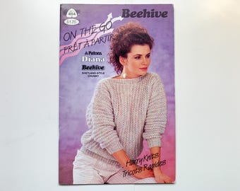 ON THE GO Hurry Knits Knitting Pattern Booklet 464 Patons Beehive Sweater Pullover Cardigan Jumper Vest Cable