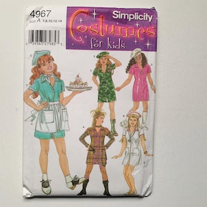 May include: Simplicity pattern 4967 for kids' costumes. The pattern includes four different costumes: a waitress, a soldier, a nurse, and a chef. The pattern is for sizes 7, 8, 10, 12, and 14.