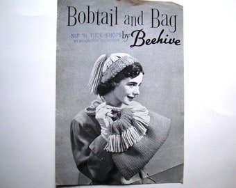 Bobtail and Bag by Beehive Patons Knitting Pattern Leaflet Tassel Bonnet Fringe Purse Handbag Fashion Knit Accessories Women Ladies Patterns