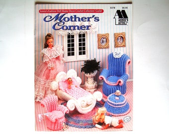 Mother's Corner Fashion Doll Home Decor Annies Attic 537B Crochet Pattern Fashion Dolls Chair Footstool Plant Stand Rug Doily Cradle Chairs