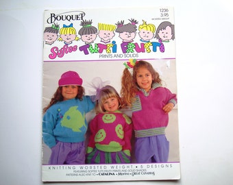 Childrens Sweaters Knitting Patterns by Bouquet 1236 sizes 2 to 12 Worsted Weight Yarns 5 Designs Knit Pattern Jumpers Pullovers Cardigans