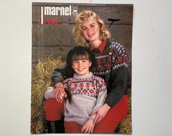 MARNEL PERU M128 Family Knitting Patterns English & French Fair Isle Pullover Jumper Unisex Shawl Collar Cardigan Sweater Jacket Coat Vest
