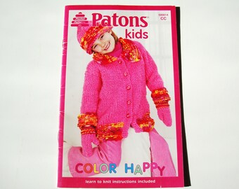 COLOR HAPPY Patons Kids 500814 Children Knitting Patterns Child Sizes 2 - 8 Knit Sweater Coat Scarf Hat Mittens Mitts Pillow Cardigan Jumper