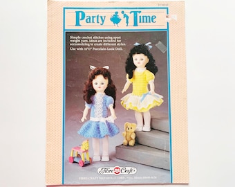 PARTY TIME Dress Crochet Pattern Fibre Craft FCM 215 Dresses 11.5" Porcelain Look Dolls (29 cm) Low Waist Ruffle Skirt Puffy Sleeves Styles