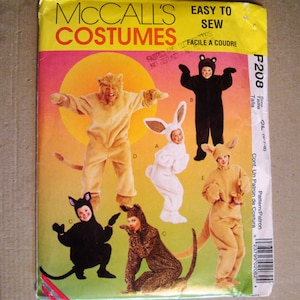 May include: A sewing pattern for children's costumes. The pattern includes five different costumes: a lion, a bunny, a kangaroo, a cat, and a leopard. The pattern is from McCall's and is labelled F208.