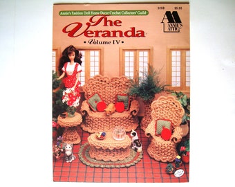 The Veranda Fashion Doll Home Decor Annies Attic 529B Crochet Pattern Fashion Dolls Chair Settee Coffee End Tables Plant Stand Pillows Rug