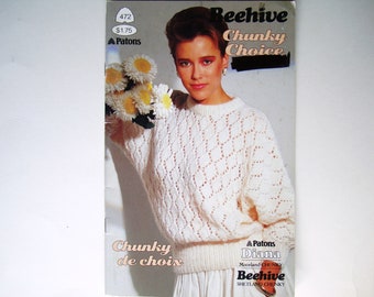 Folleto de patrones de tejido CHUNKY CHOICE número 472 Patons Beehive Mujeres Hombres Tejido Suéter de exterior Cárdigan Jersey Jersey Chaleco Patrón de cuello redondo
