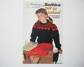 OFF TO SCHOOL Knit and Crochet Patterns Beehive Patons no. 456 Sweater Cardigan Jumper Pullover Hat Mittens Mitts Vest Leg Warmers Knitting