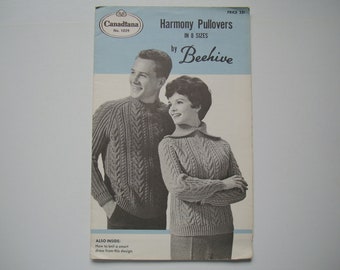 HARMONY PULLOVERS and DRESS Knitting Patterns 1029 Patons Beehive Canadiana Sweater Pullover Jumper Cables Men Women Vintage Smart Dress