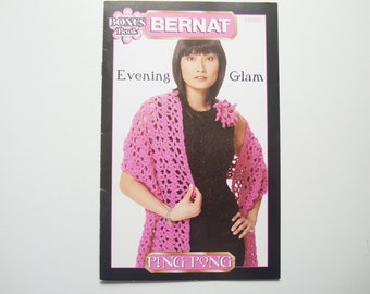 EVENING GLAM Crochet & Knit Patterns Bernat 542002 Wrap Shawl Stole Round Top Vneck V-neck Top Skinny Scarf Flower Rated Easy