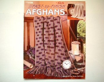 FAST-to-FINISH AFGHANS Leisure Arts # 3586 Has 6 Crochet Throw Patterns Lacy Accent Handsome Plaid Violet Touch Color Waves Scallops Stripes