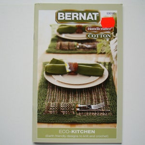 ECO-KITCHEN Crochet Knit Patterns Bernat 530185 Place Mats Shopping Market Bag Baskets Aprons Clock Gift Bags Lunch Bag Eco Scrubby