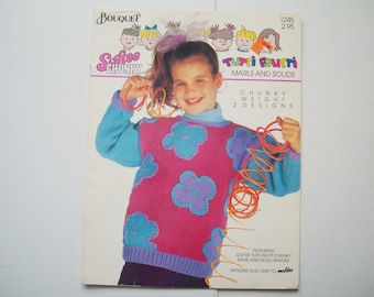 Childrens Sweaters Knitting Patterns by Bouquet 1245 sizes 4 to 12 Chunky Weight Yarns 2 Designs Knit Pattern Jumpers Pullovers Cardigans