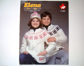 White Buffalo Boys or Girls Cardigan & Hat Knitting Pattern A 2802 Elena Paper Pattern Size 2 to 14 Knit Unisex Children Fair Isle Toque Cap