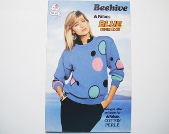 BLUE DENUM LOOK Knitting Pattern booklet Patons Beehive 486 Unisex Adult Sweaters Pullovers Jumpers Sleeveless Tops Knit Skirt Cable Design