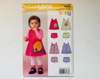 Patrón sin cortes New Look Baby 6168 para bebés, talla A - Recién nacidos, S M L, vestido sin mangas, vestido de verano, jersey, bragas, pantalones bombachos, cubrepañales, apliques