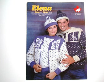 White Buffalo His or Hers Pullover Vest Cap Knitting Patterns A 2202 Elena Paper Pattern Knit Chart Design Men Women Zipper Hat Toque PomPom