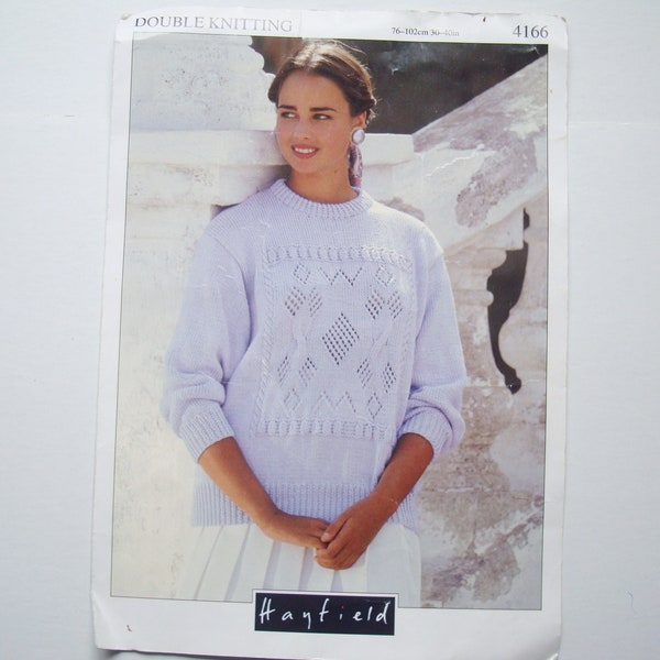 Lacy Sweater 4166 Hayfield Knitting Pattern Women Bust Sizes Fits 76-102 cm 30-40 inches Pullover Patterned Motif Square Jumper Crew Neck