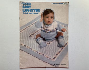 BABY LAYETTES To Knit & Crochet Patterns Leaflet 125 Leisure Arts Cardigan Sweater Jacket Diaper Cover Hat Blanket Booties Pillow Bonnet