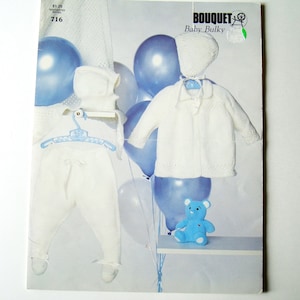 BABY BULKY Carriage Set Knitting Pattern Bouquet No 716 Coat Pull Ups Bonnet Helmet Afghan Knit Cardigan Sweater Jumper Leggings